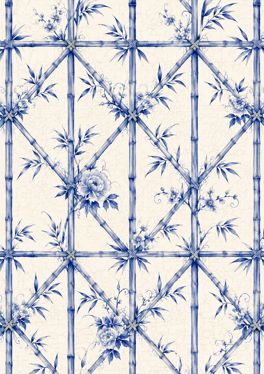 Blue bamboo lattice with peonies, flowering branches, and leaves on crackled cream paper